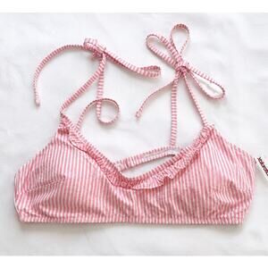 Aerie Pink & White Seersucker Stripe Ruffle Bikini Top XL